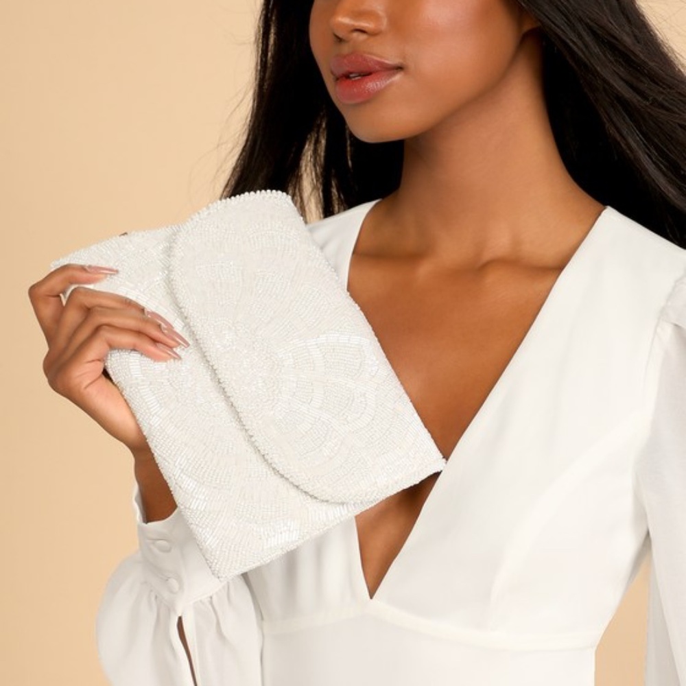 Lulus Glam Addition White Beaded Clutch